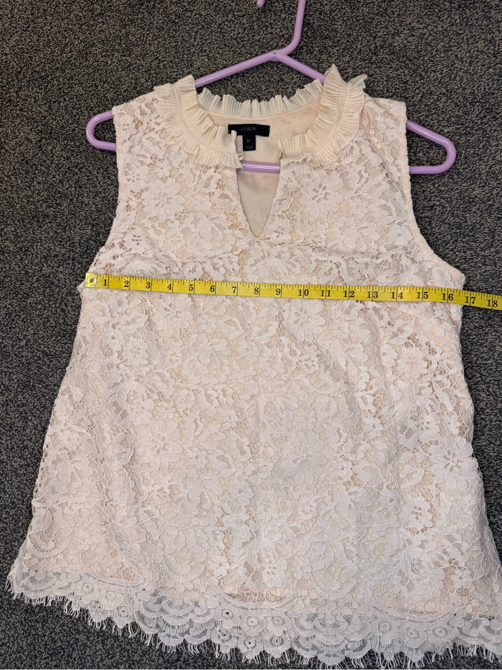 J.Crew Lace Overlay Sleeveless Ruffle Collar Blouse Cream Beige Size Medium - Picture 9 of 12
